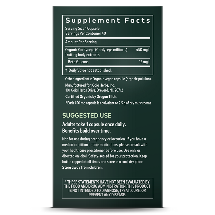 Image of Gaia Herbs Cordyceps Mushroom supplement label, detailing serving size, ingredients including the adaptogen Organic Cordyceps for energy support, suggested use, manufacturer details, and a disclaimer regarding FDA evaluation and medical advice.