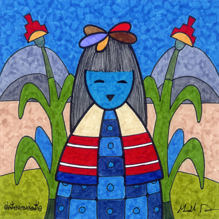 6" square wrapped canvas print featuring blue corn maiden by Hopi artist Gerald Dawavendewa