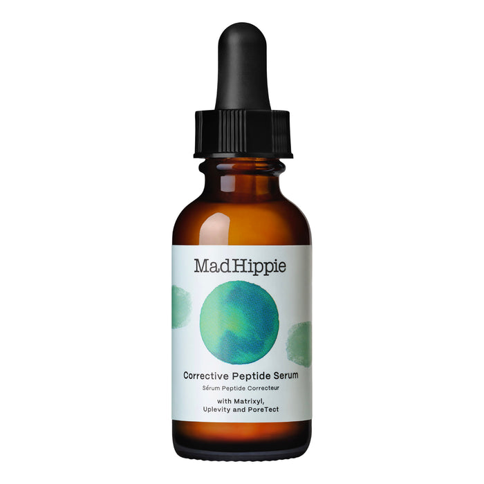 The Mad Hippie Corrective Peptide Serum comes in a brown glass dropper bottle with green and blue abstract circles. It is designed to target wrinkles and sagging skin, featuring Matrixyl, Uplevity, and PoreTect for effective results.