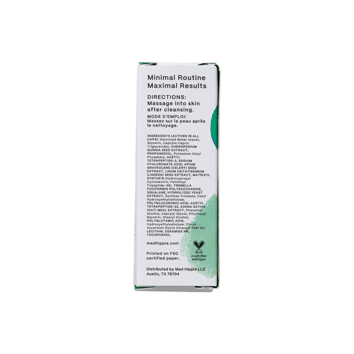A side view of the Mad Hippie Corrective Peptide Serum box shows text on tackling sagging skin, with directions, ingredients, and distribution info. The minimal design with green accents highlights its serum for reducing wrinkles.