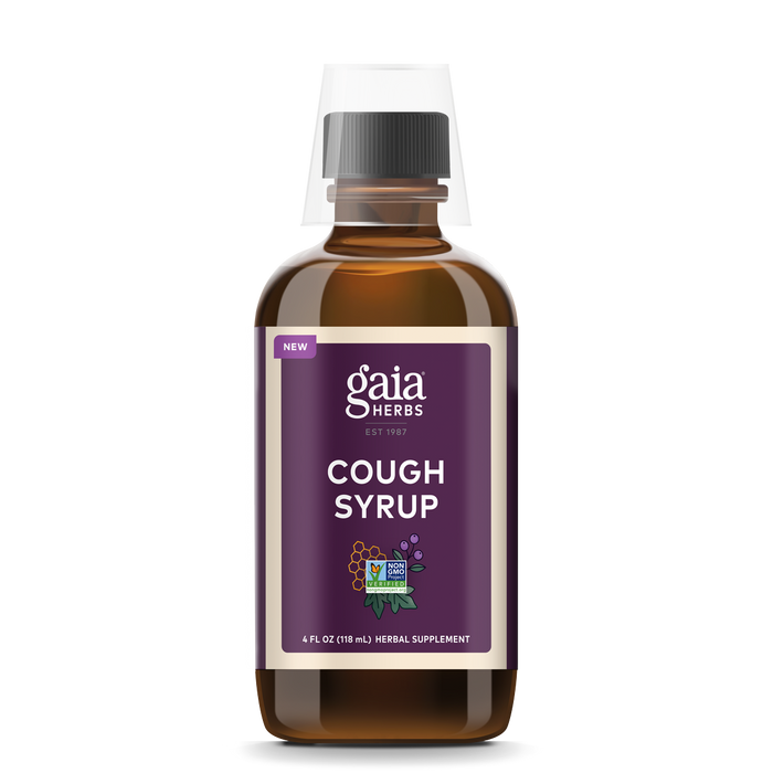 A 4 oz brown glass bottle from Gaia Herbs, labeled Cough Syrup, with a purple label and white text. It features a black cap and serves as a herbal supplement for respiratory support, providing relief from dry cough and promoting immune health.