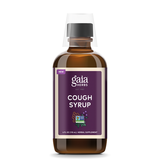 A 4 oz brown glass bottle from Gaia Herbs, labeled Cough Syrup, with a purple label and white text. It features a black cap and serves as a herbal supplement for respiratory support, providing relief from dry cough and promoting immune health.