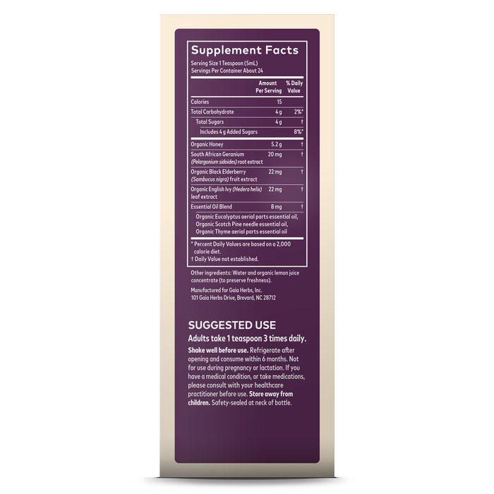 Image of Gaia Herbs Cough Syrup label displaying Supplement Facts, listing ingredients and a serving size of 1 teaspoon with 15 calories, sugars, vitamins, and organic extracts. Suggested use: 1 teaspoon 3 times daily for adults to support immune health.