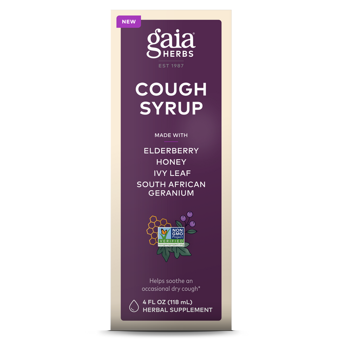 Gaia Herbs Cough Syrup comes in a purple and beige box and features ingredients like elderberry, honey, ivy leaf, and South African geranium. It is Non-GMO Project Verified, helps soothe an occasional dry cough, supports respiratory health, and boosts immune health. Available in 4 fl oz (118 ml).