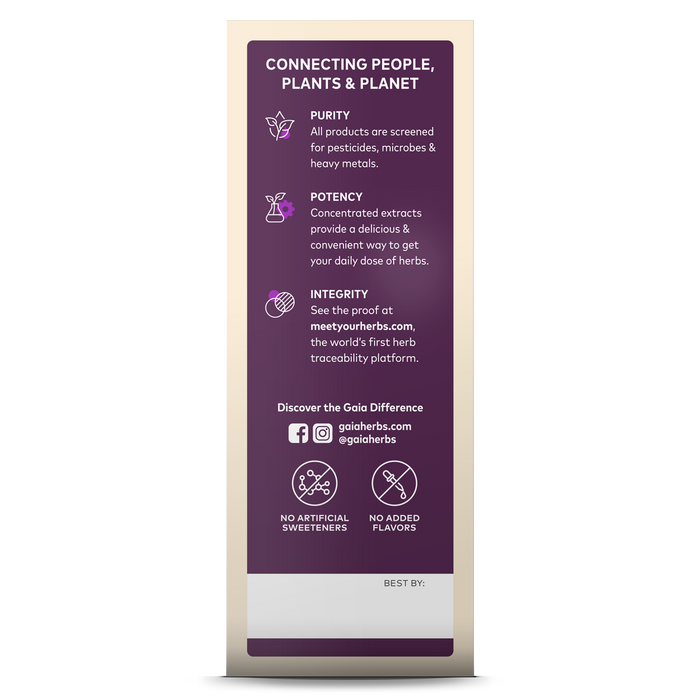 The Gaia Herbs Cough Syrup label, set against a purple gradient background, emphasizes Purity, Potency, and Integrity for quality assurance. It is designed for respiratory support and includes Facebook and Instagram logos, along with a Best By section at the bottom.
