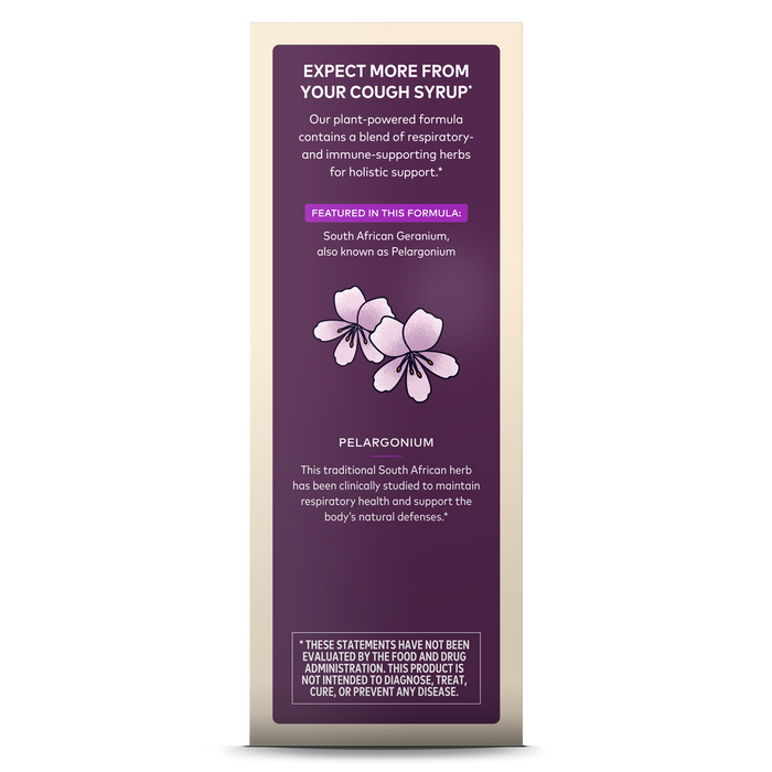 The Gaia Herbs Cough Syrup box features text and a floral design, emphasizing the inclusion of South African Geranium (Pelargonium), known for respiratory support and easing dry coughs. Contains a disclaimer regarding FDA evaluations.