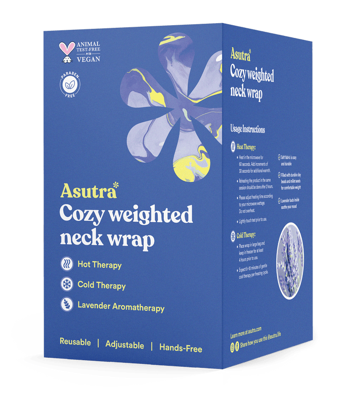 A blue box labeled Asutra Cozy Weighted Neck Wrap features a floral design and offers warm/cool therapy with lavender aromatherapy. Its reusable, adjustable, and hands-free. Icons indicate its vegan and not animal-tested.