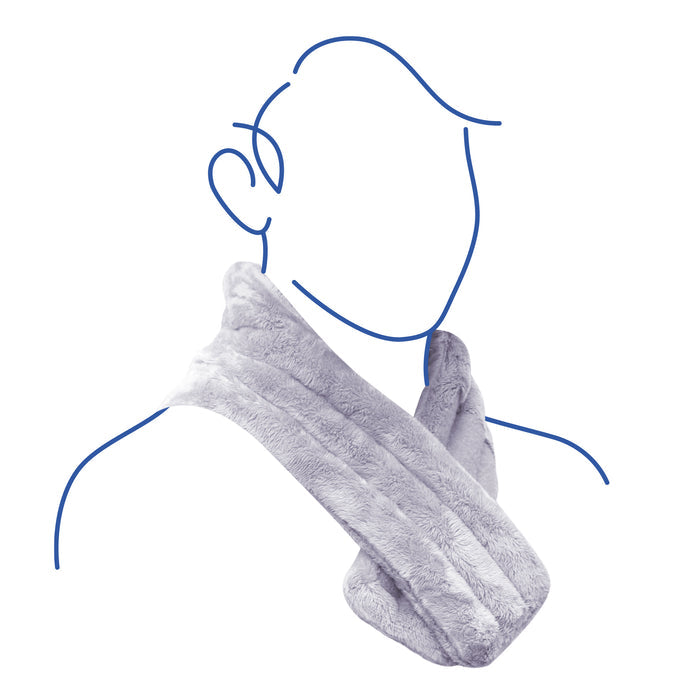 A digital illustration features a person outlined in blue wearing Asutras Cozy Weighted Neck Wrap, a soft and plush grey scarf infused with lavender aromatherapy, wrapped snugly around their neck against a crisp white background.