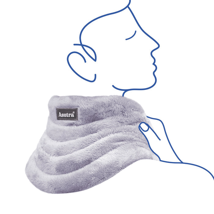 A simple blue line drawing shows a person enjoying the soothing comfort of Asutras gray Cozy Weighted Neck Wrap. Infused with lavender aromatherapy, this plush-textured wrap offers relaxation through warm and cool therapy.