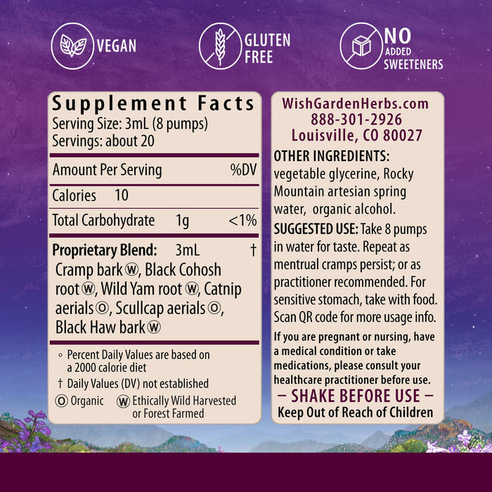 Cramp Release by WishGarden Herbs: Vegan, gluten-free, unsweetened herbal formula for cramp relief. Supplement facts label lists ingredients, dosage, warnings, icons & manufacturer info. Shake before use. Keep out of reach of children.