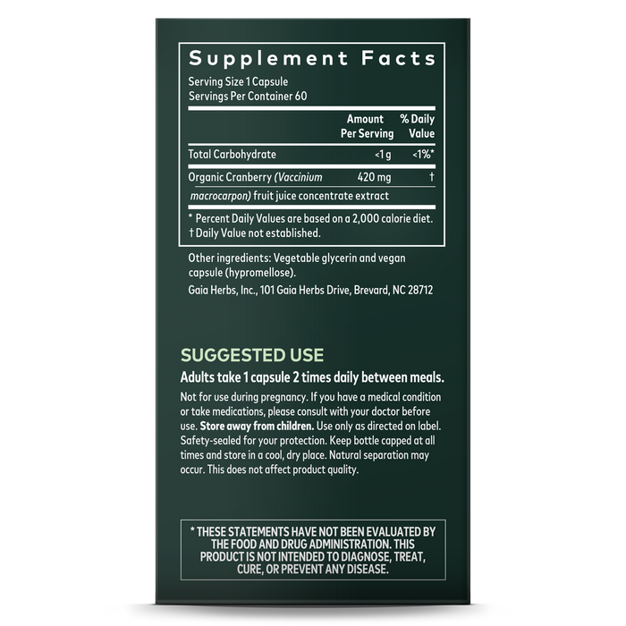 Image of the supplement facts label for Gaia Herbs Cranberry Concentrate, detailing serving size, nutritional content, suggested use, and a note to consult a doctor before use if pregnant. This herbal supplement supports urinary tract health but isnt FDA evaluated.