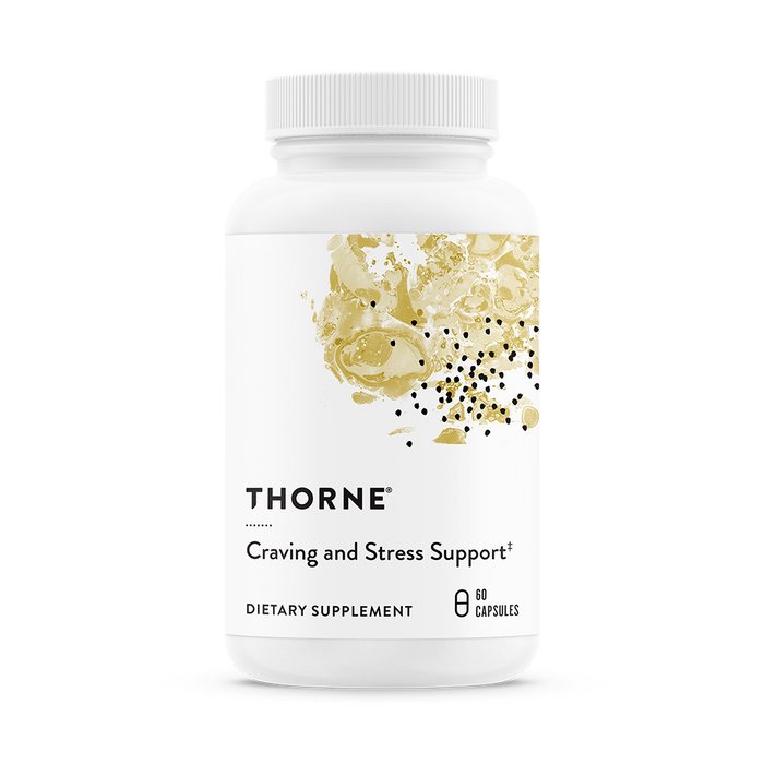 A white bottle labeled Thorne Craving and Stress Support, adorned with an abstract gold and black design, contains 60 capsules. This dietary supplement aids in weight management by supporting cortisol levels.