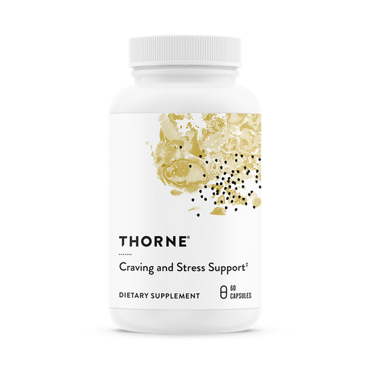 A white bottle labeled Thorne Craving and Stress Support, adorned with an abstract gold and black design, contains 60 capsules. This dietary supplement aids in weight management by supporting cortisol levels.