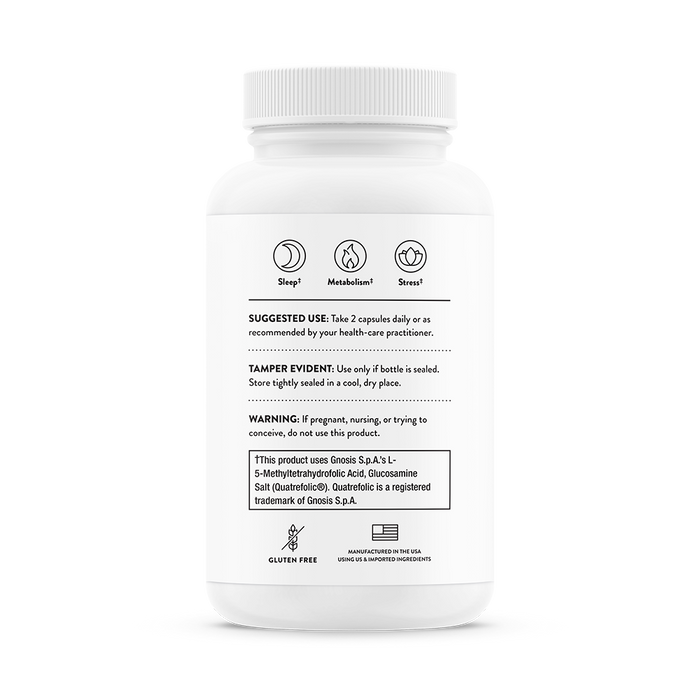 A white bottle labeled with directions to take two capsules daily, featuring icons for sleep, metabolism, and stress support. It includes a tamper-evident warning, a gluten-free symbol, and mentions Thorne as the manufacturer of Craving and Stress Support at the bottom.