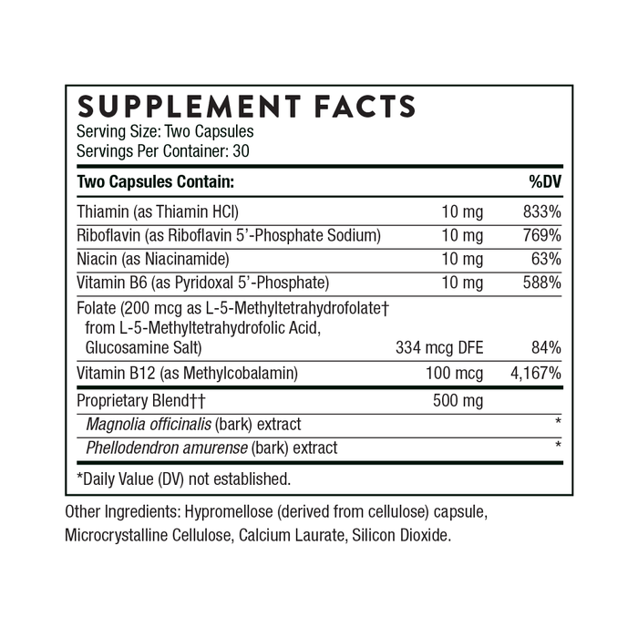 Supplement facts label showing vitamins and ingredients per serving of two capsules. Includes Thiamin, Riboflavin, Niacin, Vitamin B6, Folate, and Vitamin B12. Also lists a proprietary blend with Magnolia and Phellodendron bark extracts.