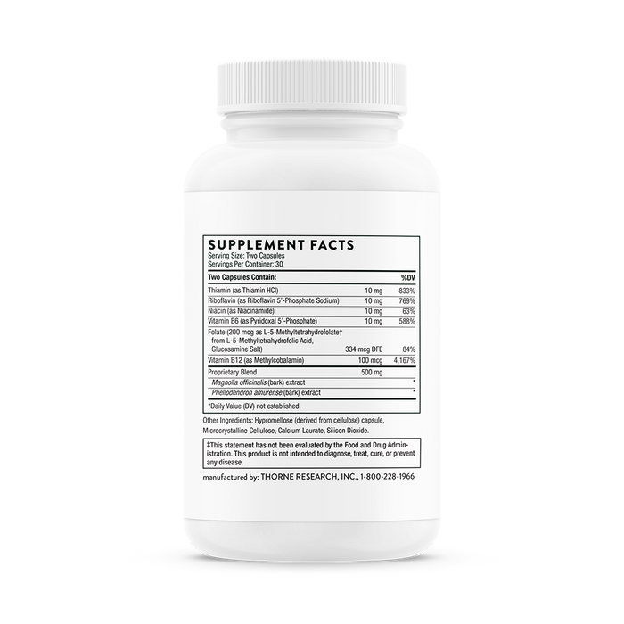 A white supplement bottle labeled Craving and Stress Support by Thorne presents Supplement Facts for Thiamin, Niacin, Vitamin B6, and B12 with ingredients designed to manage cortisol levels for stress support.