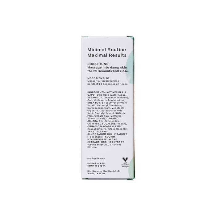 The image shows the back of Mad Hippies Cream Cleanser box, with usage instructions Minimal Routine Maximal Results, an ingredient list highlighting antioxidants, and various certification logos at the bottom, ideal for anyone wanting a natural facial cleanser with maximum efficacy.