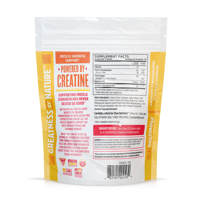 The back of the Creatine Chews Gummy package by Zhou Nutrition highlights Powered by Creatine Monohydrate and Vitamin B-12 for muscle growth and energy. It includes nutritional facts, suggested use, branding phrases like Greatness by Nature & #HowIZoa, and features a white design with orange accents.