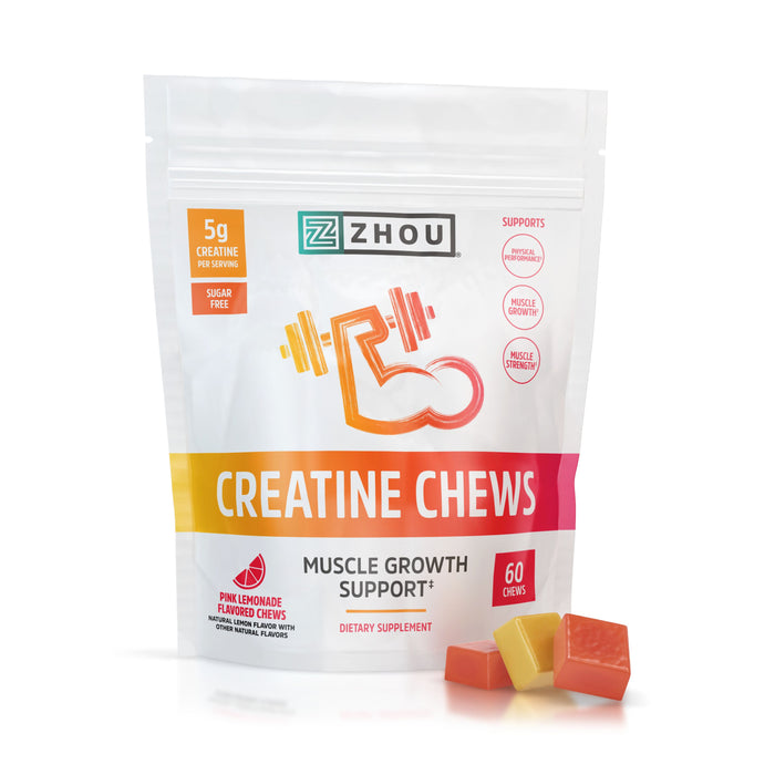 The White resealable pouch of Zhou Nutritions Creatine Chews Gummy features an orange and yellow flexing arm icon. Enjoy 60 sugar-free, pink lemonade-flavored bites, each with 5g of creatine monohydrate for muscle growth support.