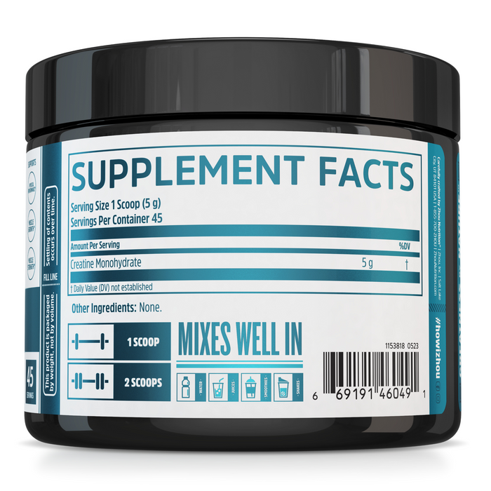 A Zhou Nutrition Creatine Powder jar for muscle growth features supplement facts, mixing instructions, and a barcode at the bottom right. It offers 45 servings with excellent mixability, highlighting its importance as an athletic supplement.