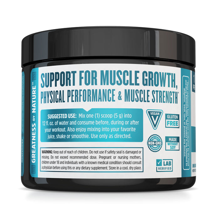 Zhou Nutritions Creatine Powder supports muscle growth with a vegan, gluten-free, non-GMO formula. Lab-verified labels suggest mixing one scoop with 12 fl oz of water post-workout and include important usage warnings.