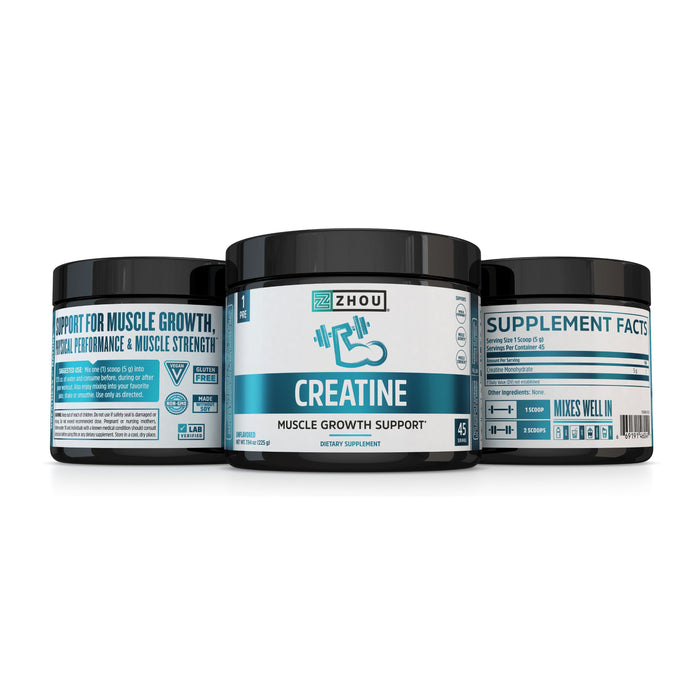 Three white jars with black lids of Zhou Nutritions Creatine Powder are shown. The front label emphasizes Muscle Growth Support, while side labels detail usage instructions, benefits for muscle growth, and supplement facts.