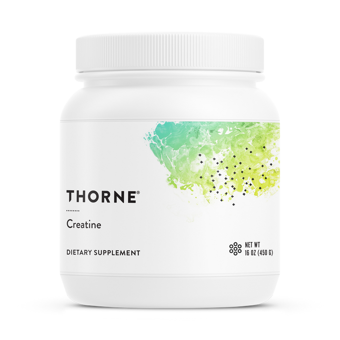 Thornes Creatine dietary supplement comes in a 16 oz (450 g) white container with a green and yellow abstract label, designed to support lean muscle mass and enhance cellular energy for optimal performance.