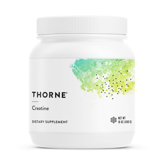 Thornes Creatine dietary supplement comes in a 16 oz (450 g) white container with a green and yellow abstract label, designed to support lean muscle mass and enhance cellular energy for optimal performance.