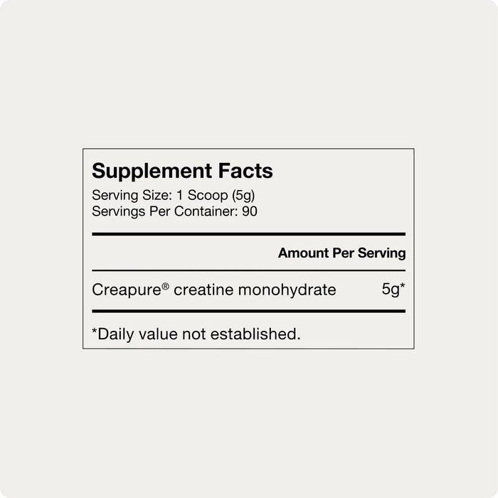 Image of a supplement facts label for Momentous Creatine. Serving size is 1 scoop (5g), with 90 servings per container, offering 5g of Creapure® creatine monohydrate per serving to support cognitive function. Daily value not established.