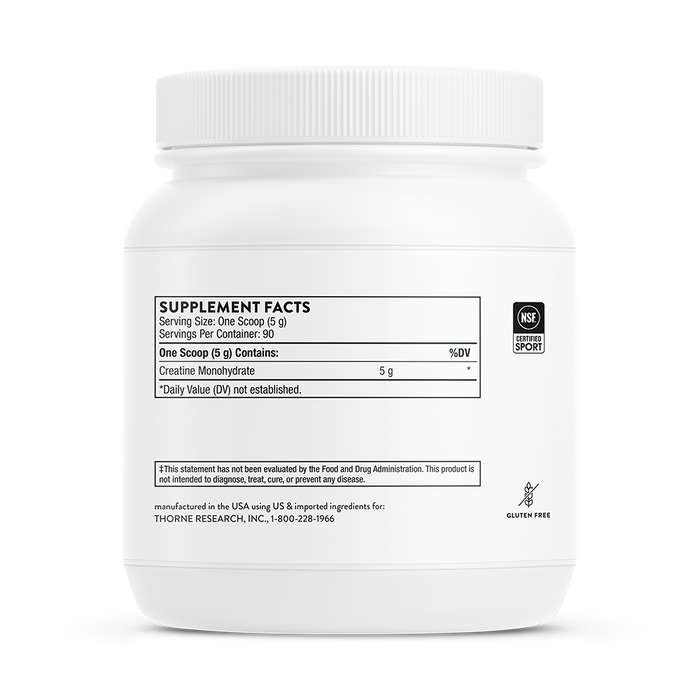 A white Thorne Creatine supplement container shows nutritional facts, indicating one 5g scoop contains 5g of creatine monohydrate. Its gluten-free and NSF-certified, ideal for enhancing cellular energy and building lean muscle mass.