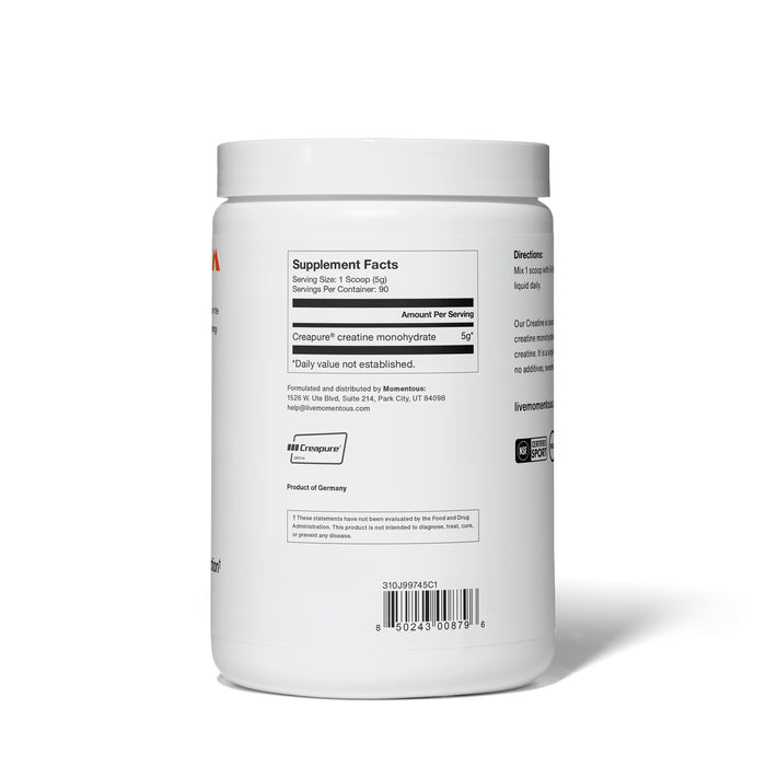 A white Momentous Creatine supplement container features a label with key details, spotlighting Creapure® creatine monohydrate for its purity and German roots. It supports cognitive function, emphasizing informative content.