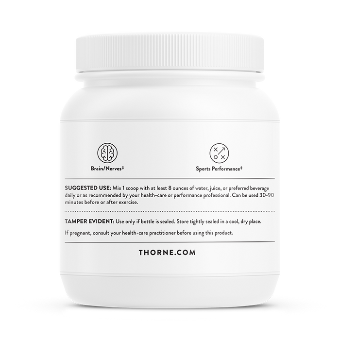 A white Thorne Creatine container features icons for brain/nerves and sports performance, highlighting benefits such as cellular energy. Usage suggests mixing one scoop with a beverage. It includes a tamper-evident notice and the website thorne.com.