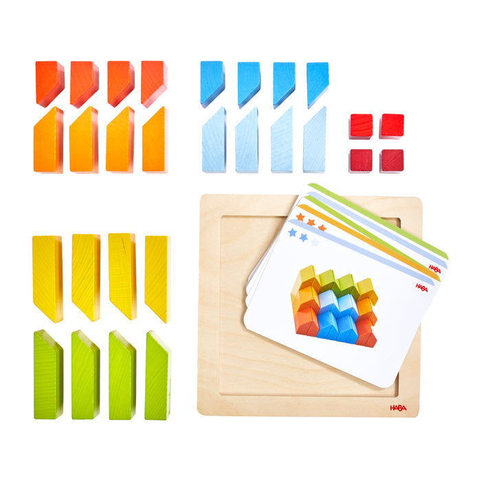 The HABA Creative Stones - 3D Wooden Arranging Blocks are vibrant wooden blocks in orange, blue, yellow, and green. They come with matching pattern cards for challenges and are neatly displayed around a wooden cardholder, perfect for sparking creativity.