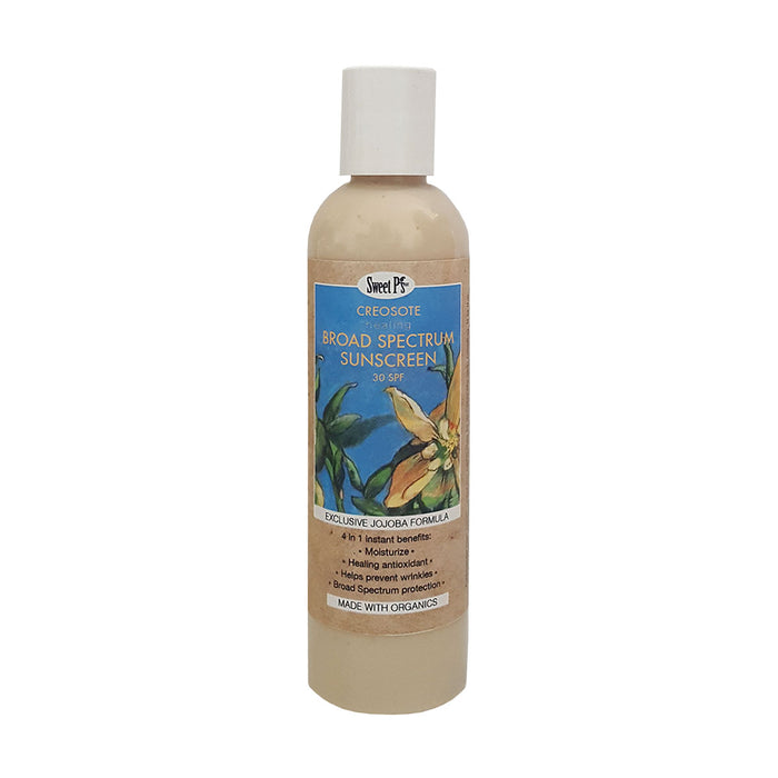 SPF30 Broad Spectrum (UVA and UVB) Creosote Healing Mineral Sunscreen. Wild-crafted and organic materials. Handmade in Tucson, AZ. Antioxidant. Moisturizing. Cruelty free.
