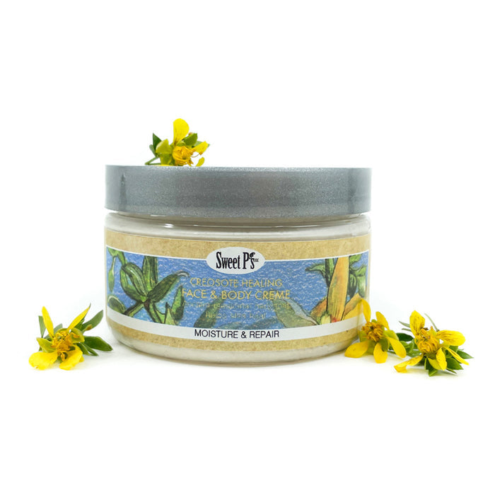 Can help accelerate the skin's healing process with wild-crafted creosote bush creme Exclusive certified organic jojoba oil formula Creosote bush is an ancient medicinal herb, and a rich healing antioxidant compound Ingredients: Larrea tridentata (creosote hydrosol and infused jojoba oil), organic Simmondsia chinensis (jojoba oil), vegetable glycerin, emulsifying wax, vegetable stearic acid, potassium sorbate, xanthan gum, benzyl alcohol and dehydroacetic acid (ecocert preservative-safe for environment and