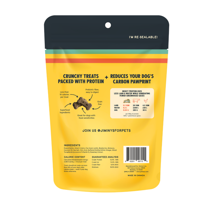 Back of Jiminy's Crunchy Peanut Butter & Blueberry Cricket Dog Treat bag showcases protein-packed, sustainable treats made with insect protein. Lists benefits, ingredients, feeding instructions, and @JIMINYSFORPETS social media handle.