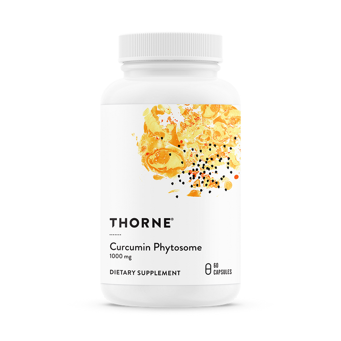 White bottle of Thornes Curcumin Phytosome dietary supplement, 1000 mg, features an abstract orange and black splash on the label. Supports healthy inflammatory response and reduces joint stiffness. Includes 60 capsules.