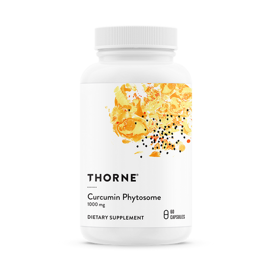 White bottle of Thornes Curcumin Phytosome dietary supplement, 1000 mg, features an abstract orange and black splash on the label. Supports healthy inflammatory response and reduces joint stiffness. Includes 60 capsules.