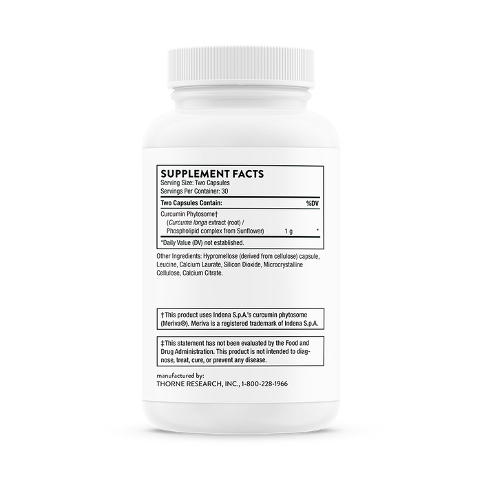 A white bottle of Thornes Curcumin Phytosome supplements has a label with supplement facts and contact details. It contains curcumin phytosome and sunflower oil, which support a healthy inflammatory response and relieve joint stiffness.
