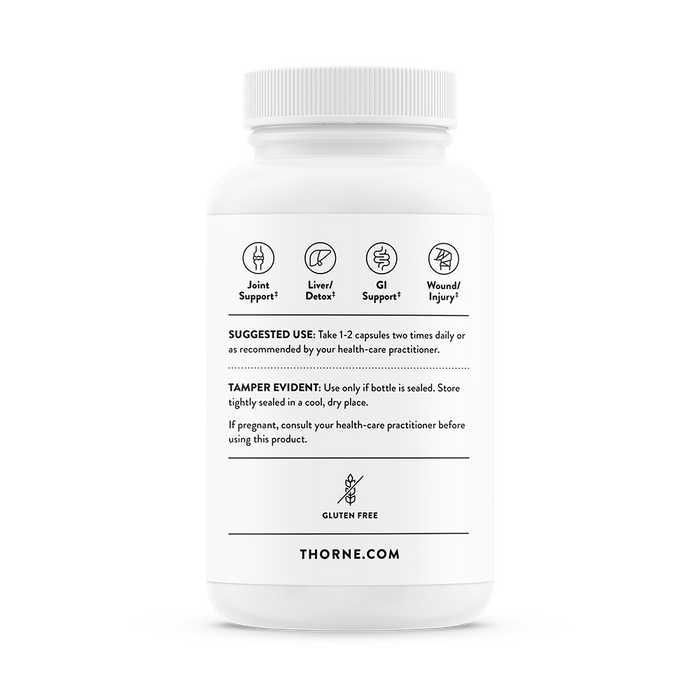 The Thorne Curcumin Phytosome bottle is white with icons and text about suggested use, tamper evidence, and gluten-free status. It supports joint stiffness and a healthy inflammatory response. Take 1-2 capsules daily and store in a cool, dry place. Visit thorne.com for more information.