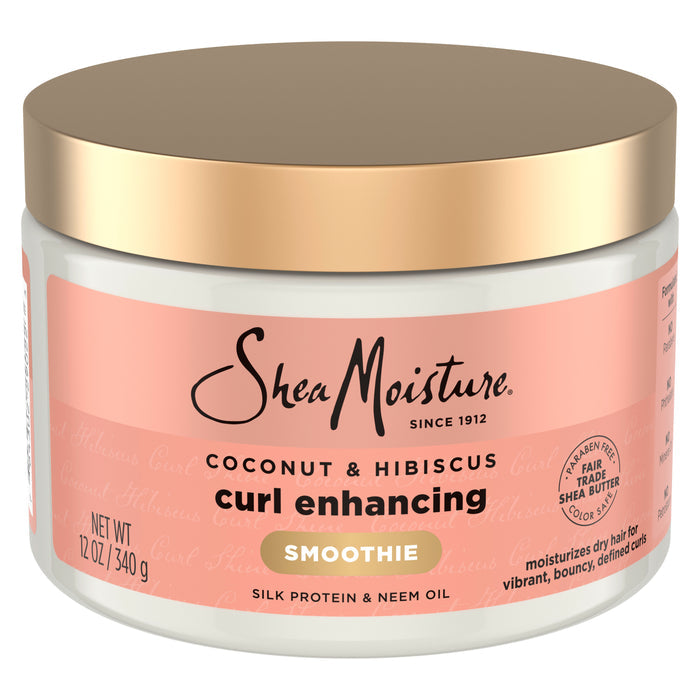 A 12 oz (340 g) jar of SheaMoisture Styling Aid Smoothie Curl Enhancing, with a peach label highlighting silk protein, neem oil, and an anti-frizz moisturizing formula.