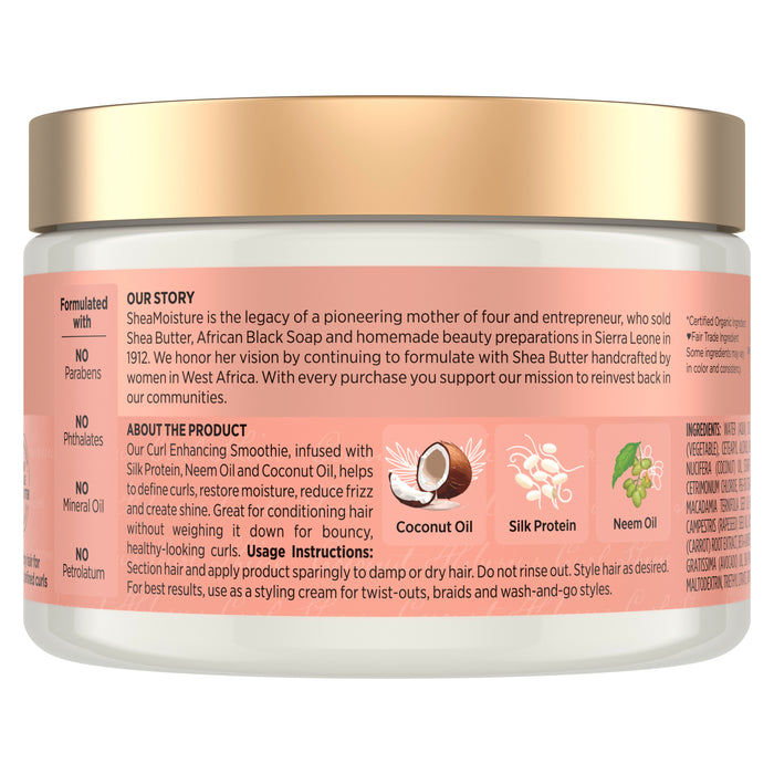 A container of SheaMoisture Styling Aid Smoothie Curl Enhancing displays text highlighting nourishing ingredients like coconut oil, silk protein, and neem oil, as well as benefits such as anti-frizz for curly hair. The label also includes detailed usage instructions to help you make the most of this curl enhancing styling aid.