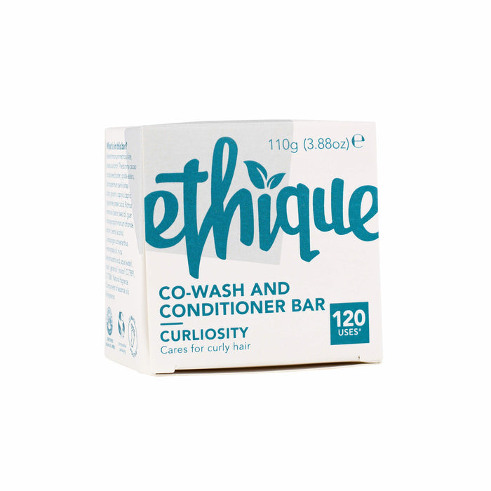 Ethiques Curliosity Moisturizing Conditioner Bar, a 110g (3.88oz) silicone-free co-wash for curly hair, offers 120 uses and features a white box with teal text and active ingredients.