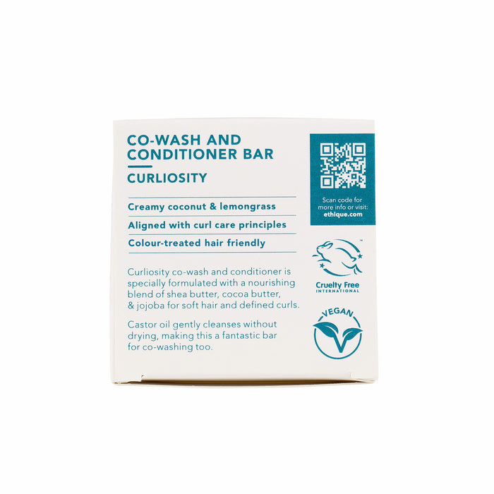 Ideal for curls, this Ethique Curliosity Conditioner Bar is silicone-free, cruelty-free, vegan, and rich in active ingredients like castor oil, shea butter, cocoa butter, and jojoba. It comes in a box scented with creamy coconut and lemongrass.