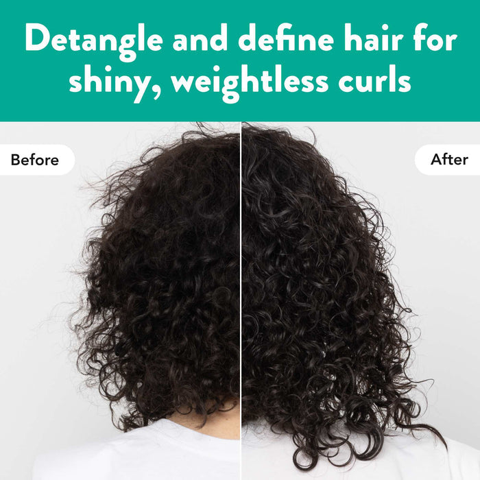 Split screen image showing the back view of a person's head with curly hair. The left side, labeled "Before," displays frizzy and untamed curls. The right side, labeled "After," shows smooth, defined, and shiny curls. The top text reads, "Detangle and define hair for shiny, weightless curls.