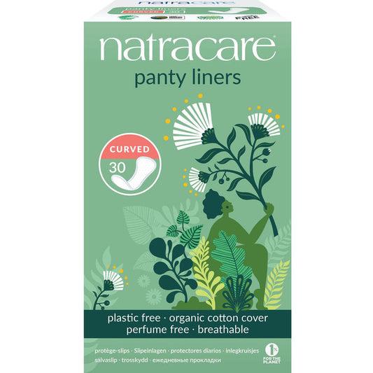 Natracares Curved Panty Liners provide everyday protection with 30 liners per box. The green packaging features plant illustrations and white text, emphasizing plastic-free and perfume-free organic cotton for breathable comfort.