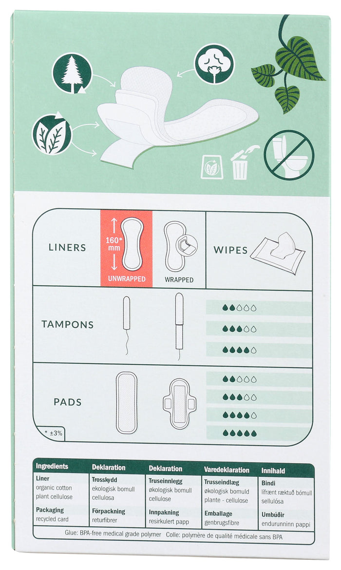 Natracare Curved Panty Liners feature eco-friendly packaging made from natural materials, emphasizing sustainability. The design includes recycling symbols and multilingual descriptions, promoting their environmental benefits.