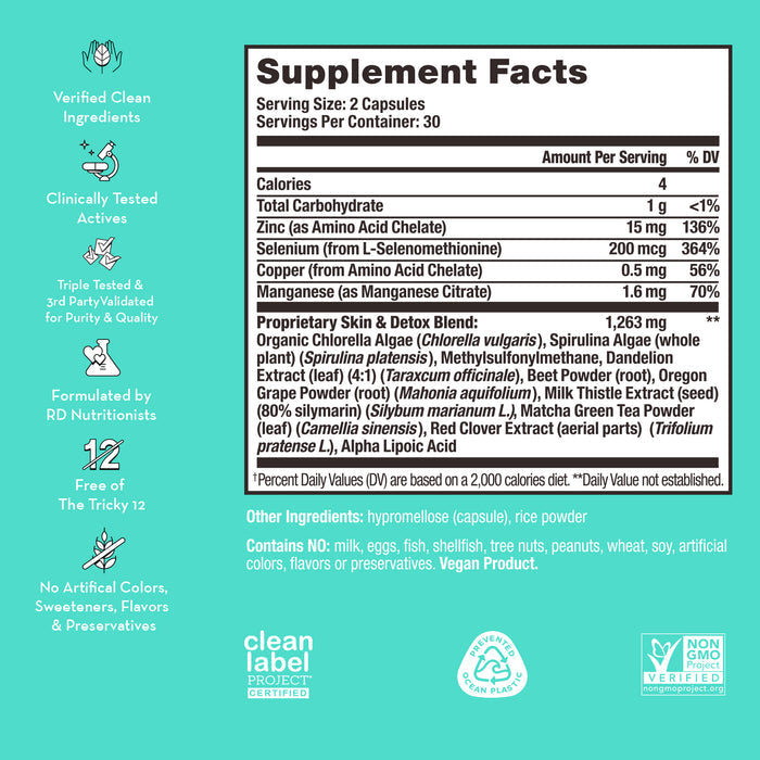 Supplement facts label for a dietary supplement. The label lists ingredients, daily values, and proprietary blends. It also highlights certifications like "Non-GMO Verified," "Vegan Product," and "Clean Label Project Certified." The background is teal.