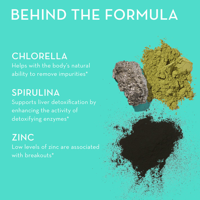 Title "Behind the Formula" showing three ingredients: chlorella, spirulina, zinc. Chlorella helps remove impurities. Spirulina aids in liver detoxification. Zinc is associated with preventing breakouts. Each corresponds to a pile of powder.