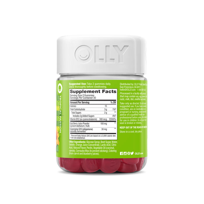 The image displays an OLLY Daily Energy gummies bottle, showcasing the supplement facts on its green label. The contrast between the green label and the red gummies is clear. Directions for use and product details underscore B12s role in boosting energy.